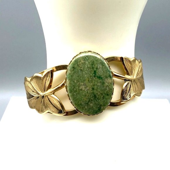 Jewelry - Vintage Jade Hinged Cuff Bracelet with Gold Tone Leaves, 1970s Clamper Statement